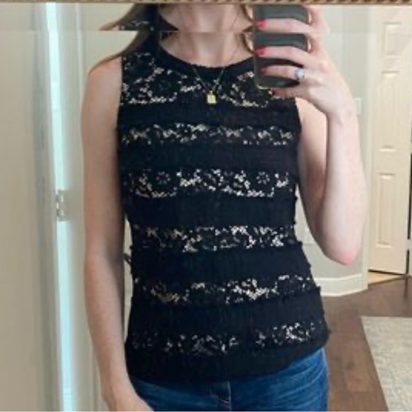 J. Crew NWOT Black Tweed Lace Overlay Sleeveless Top Blouse Medium Fully Lined - Picture 4 of 15